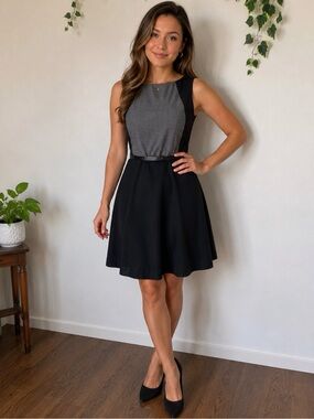 H&M Sleeveless Fit & Flare Colorblock Dress Size 6 Gray Black Belted Knee Length